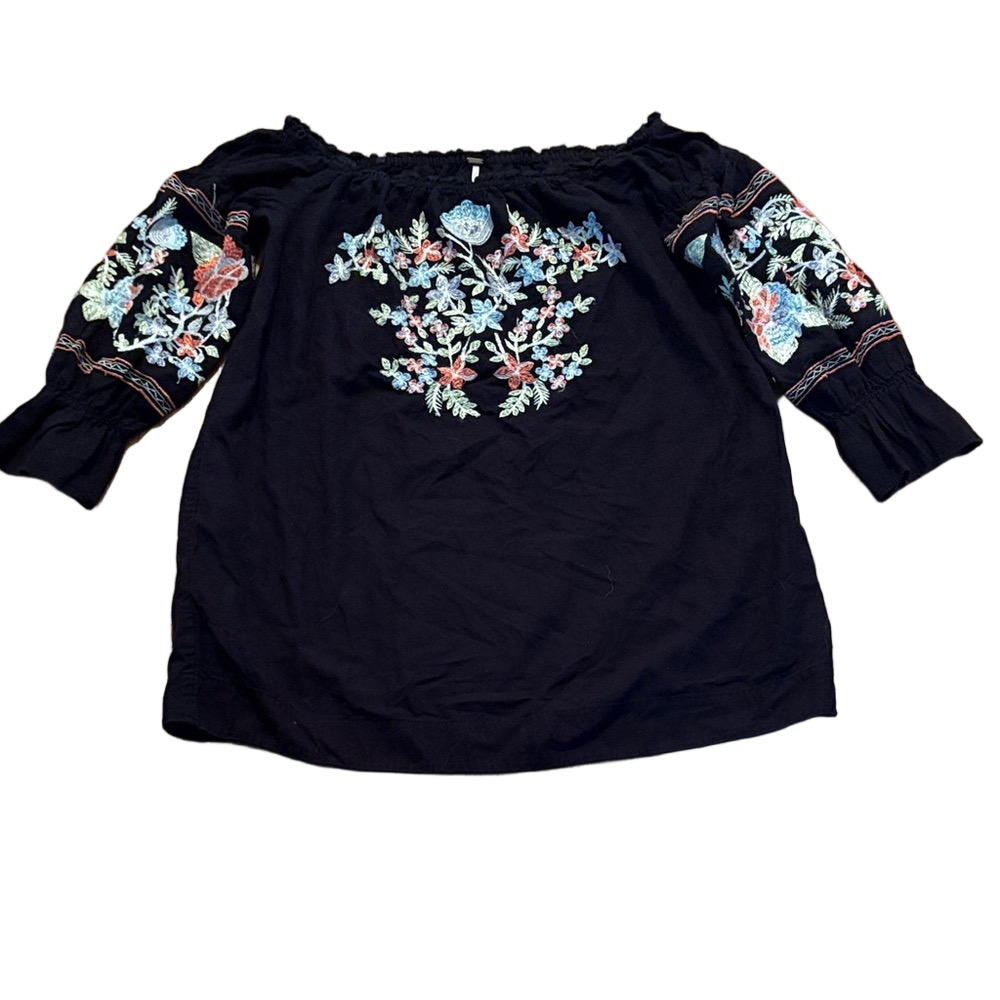 Free People Off Shoulder Black Embroidered Mini Dress Tunic M - Picture 1 of 9
